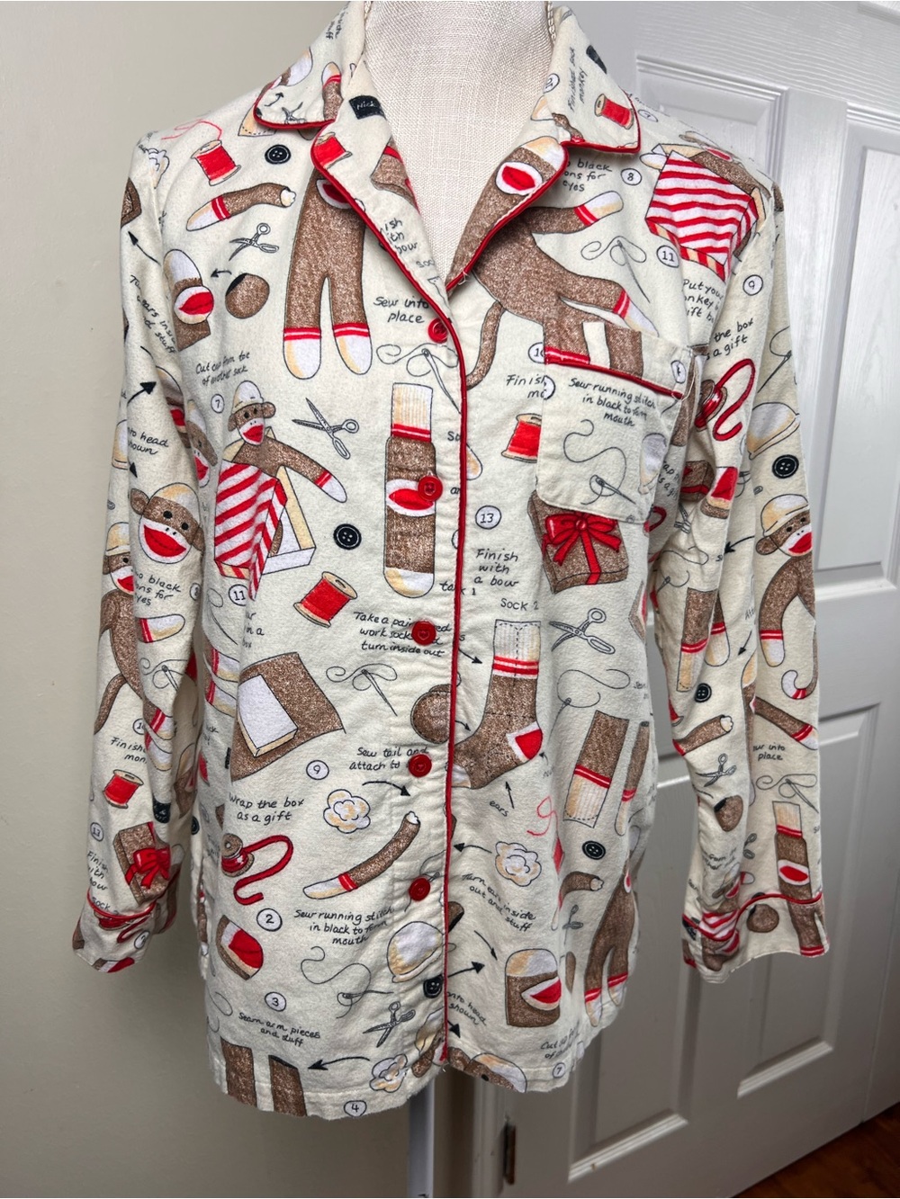 Nick & Nora Sock Monkey Flannel Pajama Top Cream Small